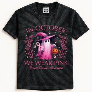 In October We Wear Ghost Witch Breast Cancer Awareness Kids Tie-Dye T-Shirt