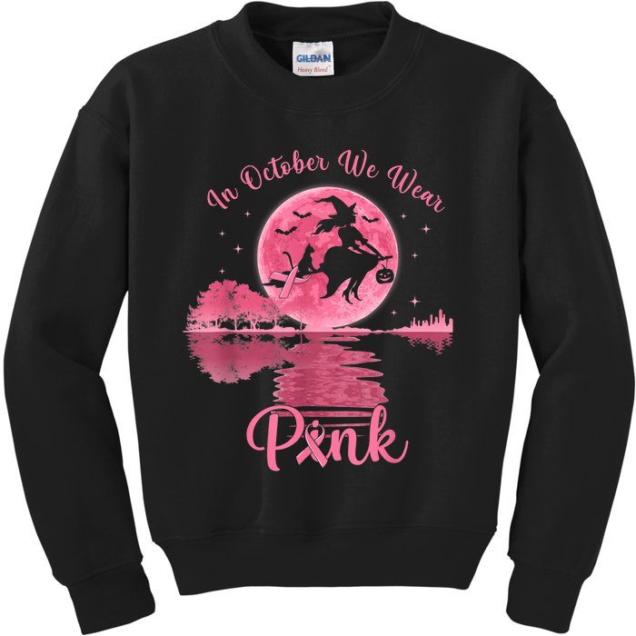 In October We Wear P.I.N.K Witch Breast Cancer Halloween Kids Sweatshirt