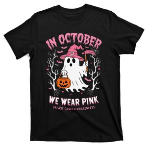 In October We Wear Pin.K Ghost Witch Hat Breast Cancer T-Shirt