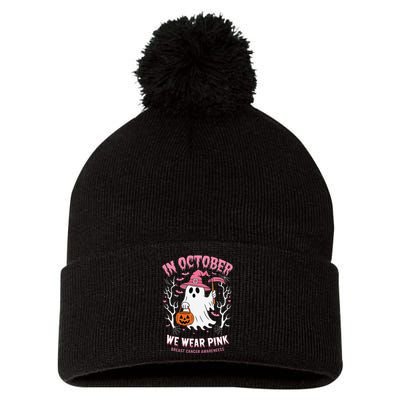 In October We Wear Pin.K Ghost Witch Hat Breast Cancer Pom Pom 12in Knit Beanie