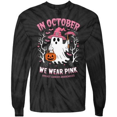 In October We Wear Pin.K Ghost Witch Hat Breast Cancer Tie-Dye Long Sleeve Shirt