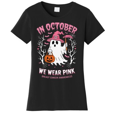 In October We Wear Pin.K Ghost Witch Hat Breast Cancer Women's T-Shirt