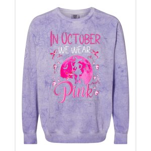 In October We Wear Ribbon pink Halloween Witch Breast Cancer Colorblast Crewneck Sweatshirt