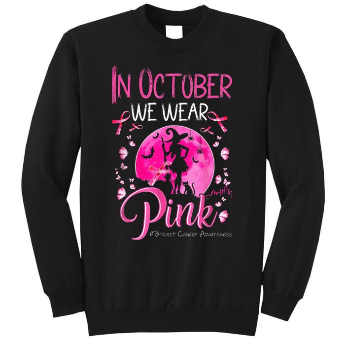 In October We Wear Ribbon pink Halloween Witch Breast Cancer Tall Sweatshirt