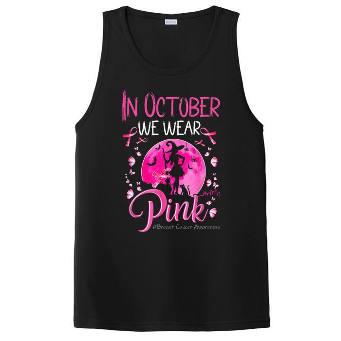 In October We Wear Ribbon pink Halloween Witch Breast Cancer PosiCharge Competitor Tank