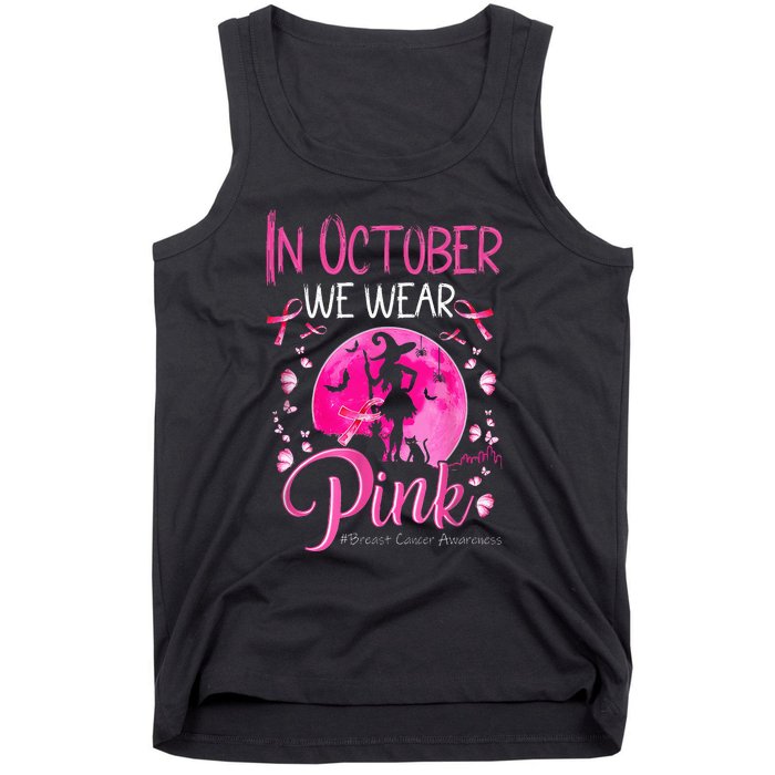 In October We Wear Ribbon pink Halloween Witch Breast Cancer Tank Top