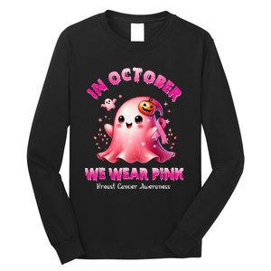 In October We Wear P.I.N.K Ghost Witch Breast Cancer Awareness Long Sleeve Shirt