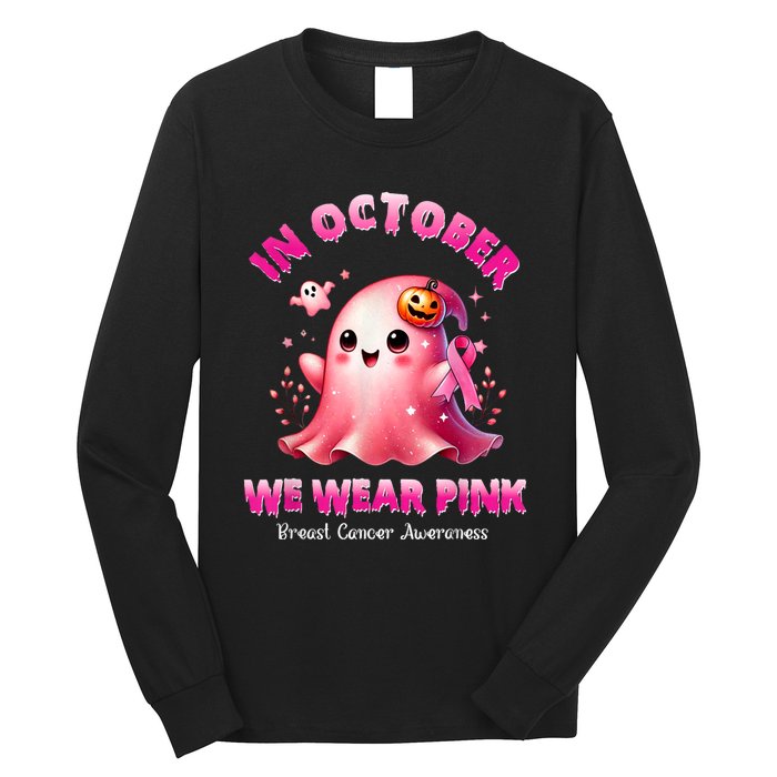 In October We Wear P.I.N.K Ghost Witch Breast Cancer Awareness Long Sleeve Shirt