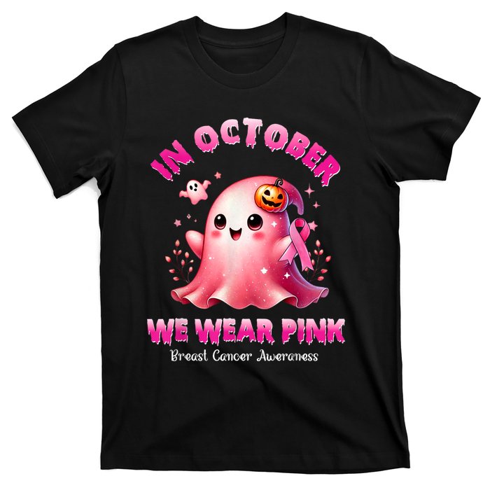 In October We Wear P.I.N.K Ghost Witch Breast Cancer Awareness T-Shirt