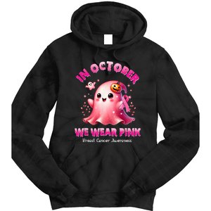 In October We Wear P.I.N.K Ghost Witch Breast Cancer Awareness Tie Dye Hoodie