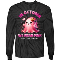 In October We Wear P.I.N.K Ghost Witch Breast Cancer Awareness Tie-Dye Long Sleeve Shirt