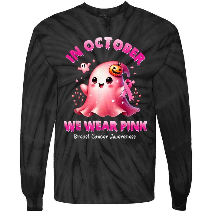 In October We Wear P.I.N.K Ghost Witch Breast Cancer Awareness Tie-Dye Long Sleeve Shirt