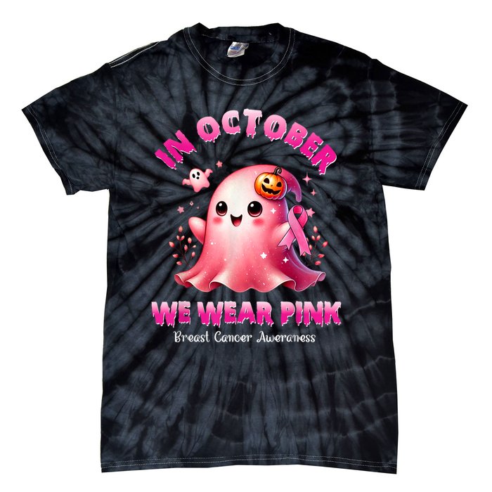 In October We Wear P.I.N.K Ghost Witch Breast Cancer Awareness Tie-Dye T-Shirt