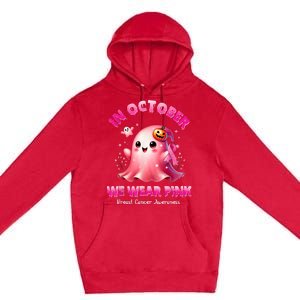 In October We Wear P.I.N.K Ghost Witch Breast Cancer Awareness Premium Pullover Hoodie