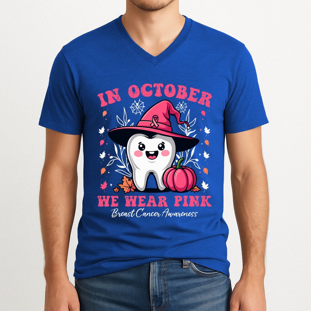 In October We Wear Tooth Dental Breast Cancer Awareness V-Neck T-Shirt