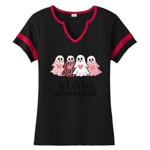 In October We Wear Pin.K Ghost Witch Breast Cancer Awareness Ladies Halftime Notch Neck Tee