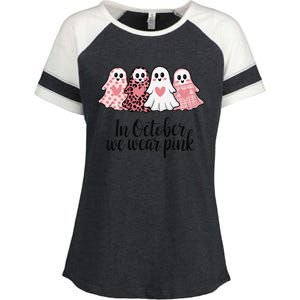 In October We Wear Pin.K Ghost Witch Breast Cancer Awareness Enza Ladies Jersey Colorblock Tee