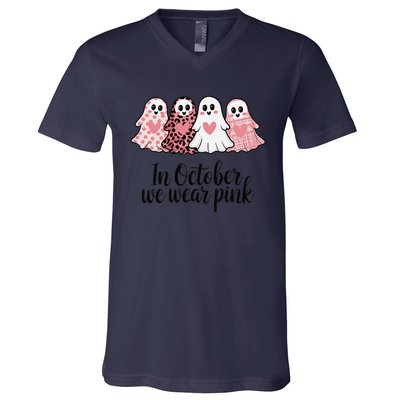 In October We Wear Pin.K Ghost Witch Breast Cancer Awareness V-Neck T-Shirt