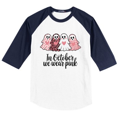 In October We Wear Pin.K Ghost Witch Breast Cancer Awareness Baseball Sleeve Shirt