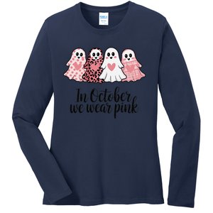 In October We Wear Pin.K Ghost Witch Breast Cancer Awareness Ladies Long Sleeve Shirt