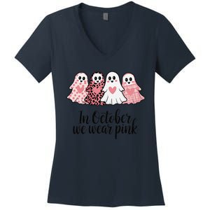 In October We Wear Pin.K Ghost Witch Breast Cancer Awareness Women's V-Neck T-Shirt