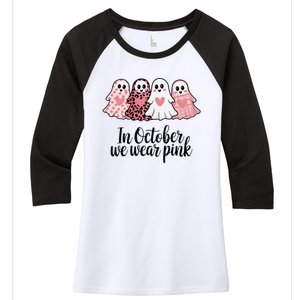 In October We Wear Pin.K Ghost Witch Breast Cancer Awareness Women's Tri-Blend 3/4-Sleeve Raglan Shirt