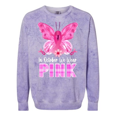 In October We Wear Pink Butterfly Ribbon Breast Cancer Colorblast Crewneck Sweatshirt