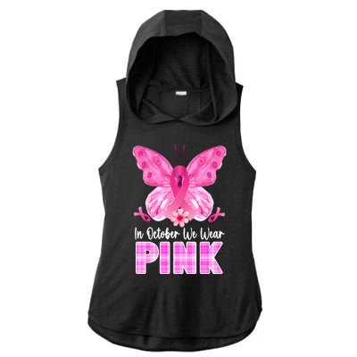 In October We Wear Pink Butterfly Ribbon Breast Cancer Ladies PosiCharge Tri-Blend Wicking Draft Hoodie Tank