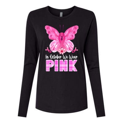 In October We Wear Pink Butterfly Ribbon Breast Cancer Womens Cotton Relaxed Long Sleeve T-Shirt