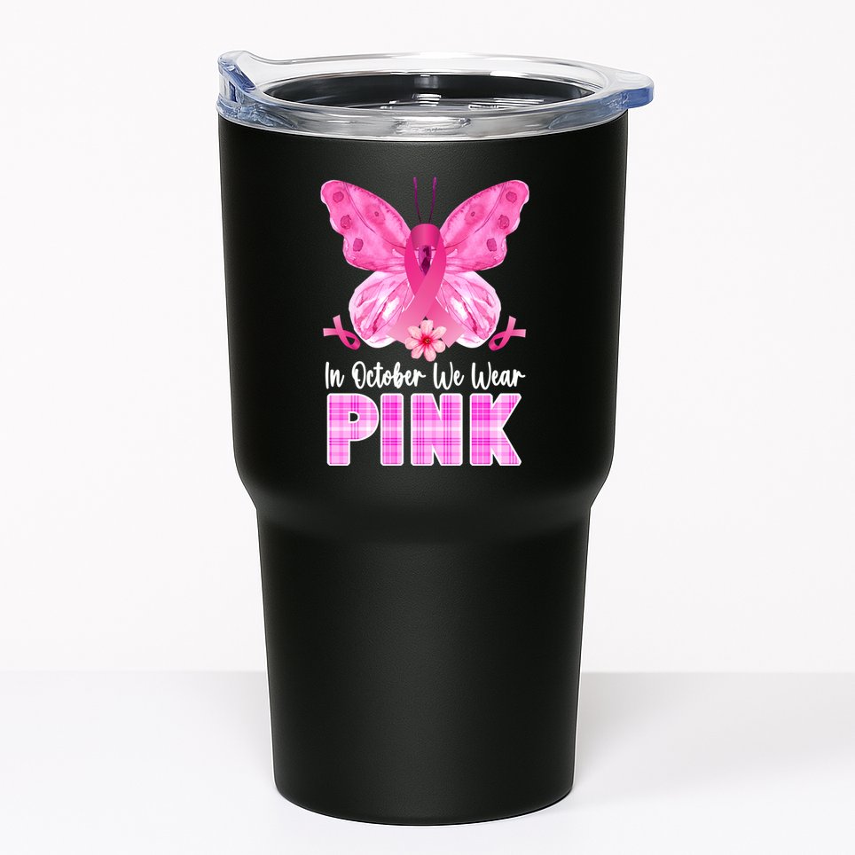 In October We Wear Pink Butterfly Ribbon Breast Cancer Tumbler