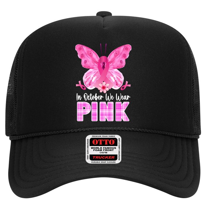 In October We Wear Pink Butterfly Ribbon Breast Cancer Trucker Hat