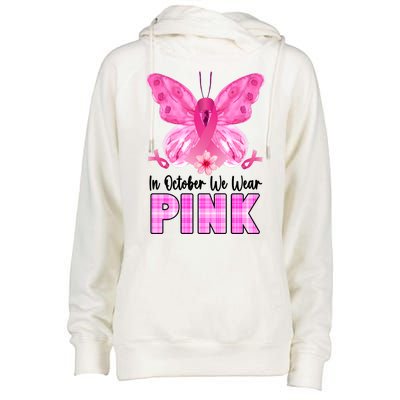 In October We Wear Pink Butterfly Ribbon Breast Cancer Womens Funnel Neck Pullover Hood