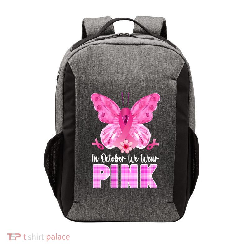In October We Wear Pink Butterfly Ribbon Breast Cancer Vector Backpack