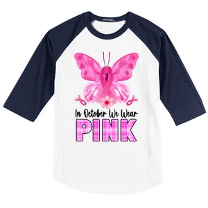 In October We Wear Pink Butterfly Ribbon Breast Cancer Baseball Sleeve Shirt