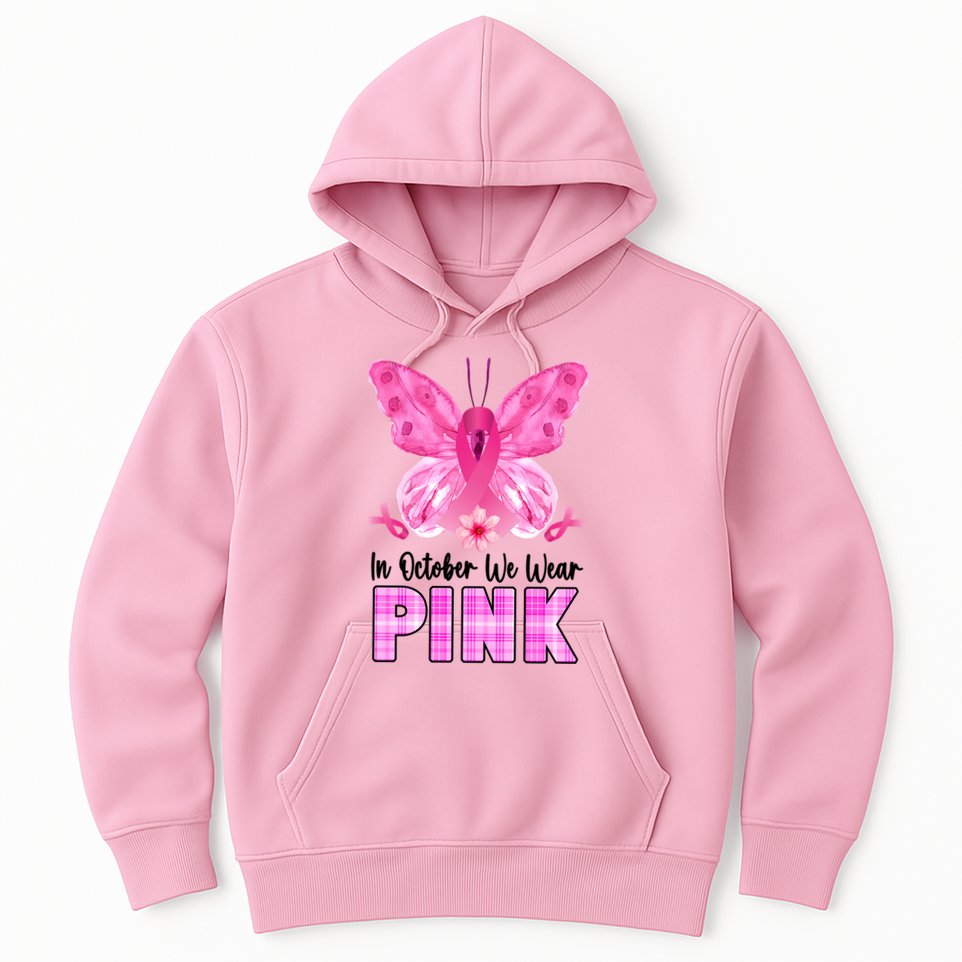 In October We Wear Pink Butterfly Ribbon Breast Cancer Hoodie