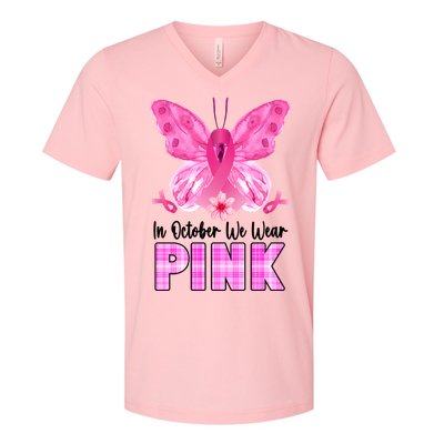 In October We Wear Pink Butterfly Ribbon Breast Cancer V-Neck T-Shirt