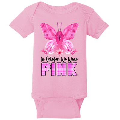 In October We Wear Pink Butterfly Ribbon Breast Cancer Baby Bodysuit