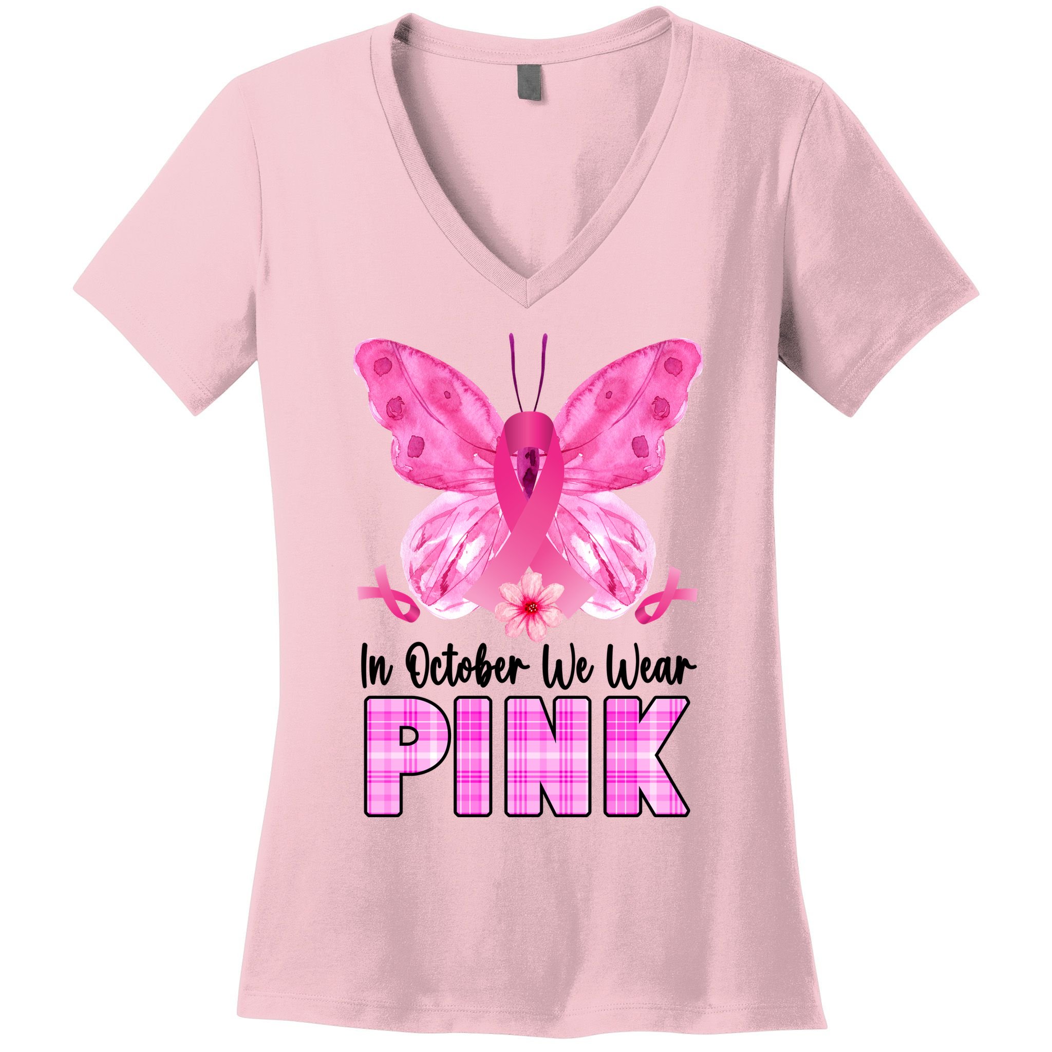 In October We Wear Pink Butterfly Ribbon Breast Cancer Women's V-Neck T-Shirt