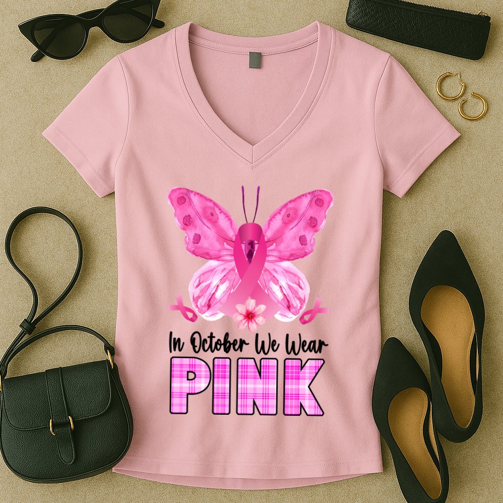 In October We Wear Pink Butterfly Ribbon Breast Cancer Women's V-Neck T-Shirt
