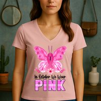 In October We Wear Pink Butterfly Ribbon Breast Cancer Women's V-Neck T-Shirt