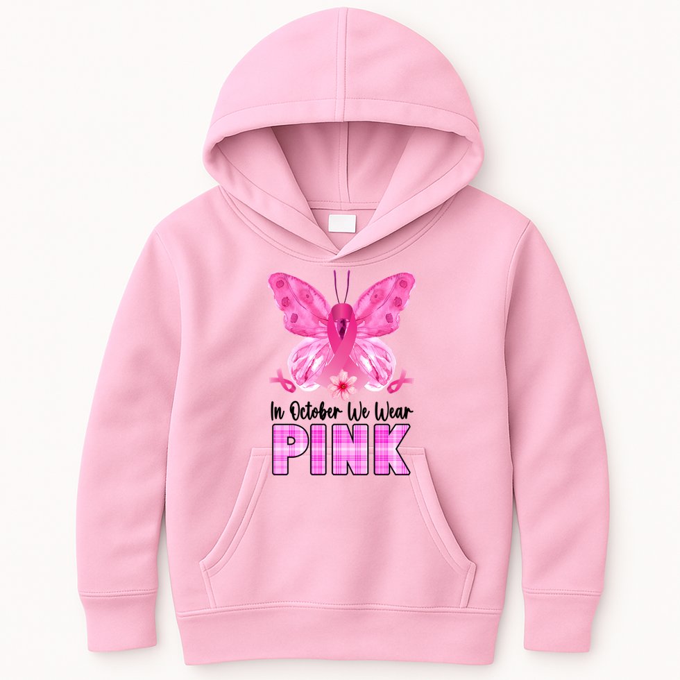 In October We Wear Pink Butterfly Ribbon Breast Cancer Kids Hoodie