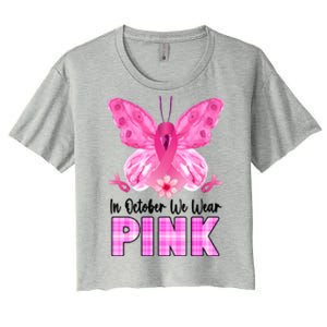 In October We Wear Pink Butterfly Ribbon Breast Cancer Women's Crop Top Tee