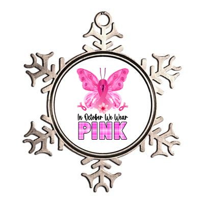 In October We Wear Pink Butterfly Ribbon Breast Cancer Metallic Star Ornament