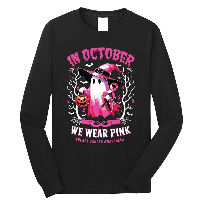 In October We Wear Ghost Witch Breast Cancer Awareness Long Sleeve Shirt