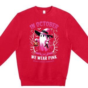 In October We Wear Ghost Witch Breast Cancer Awareness Premium Crewneck Sweatshirt