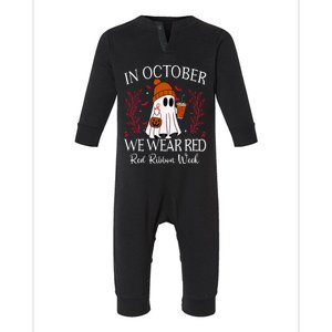 In October We Wear Red For Red Ribbon Week Awareness Infant Fleece One Piece