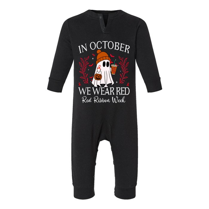 In October We Wear Red For Red Ribbon Week Awareness Infant Fleece One Piece