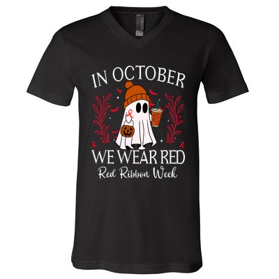 In October We Wear Red For Red Ribbon Week Awareness V-Neck T-Shirt