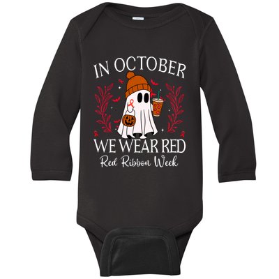 In October We Wear Red For Red Ribbon Week Awareness Baby Long Sleeve Bodysuit