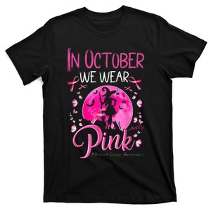 In October We Wear Ribbon pink Halloween Witch Breast Cancer T-Shirt